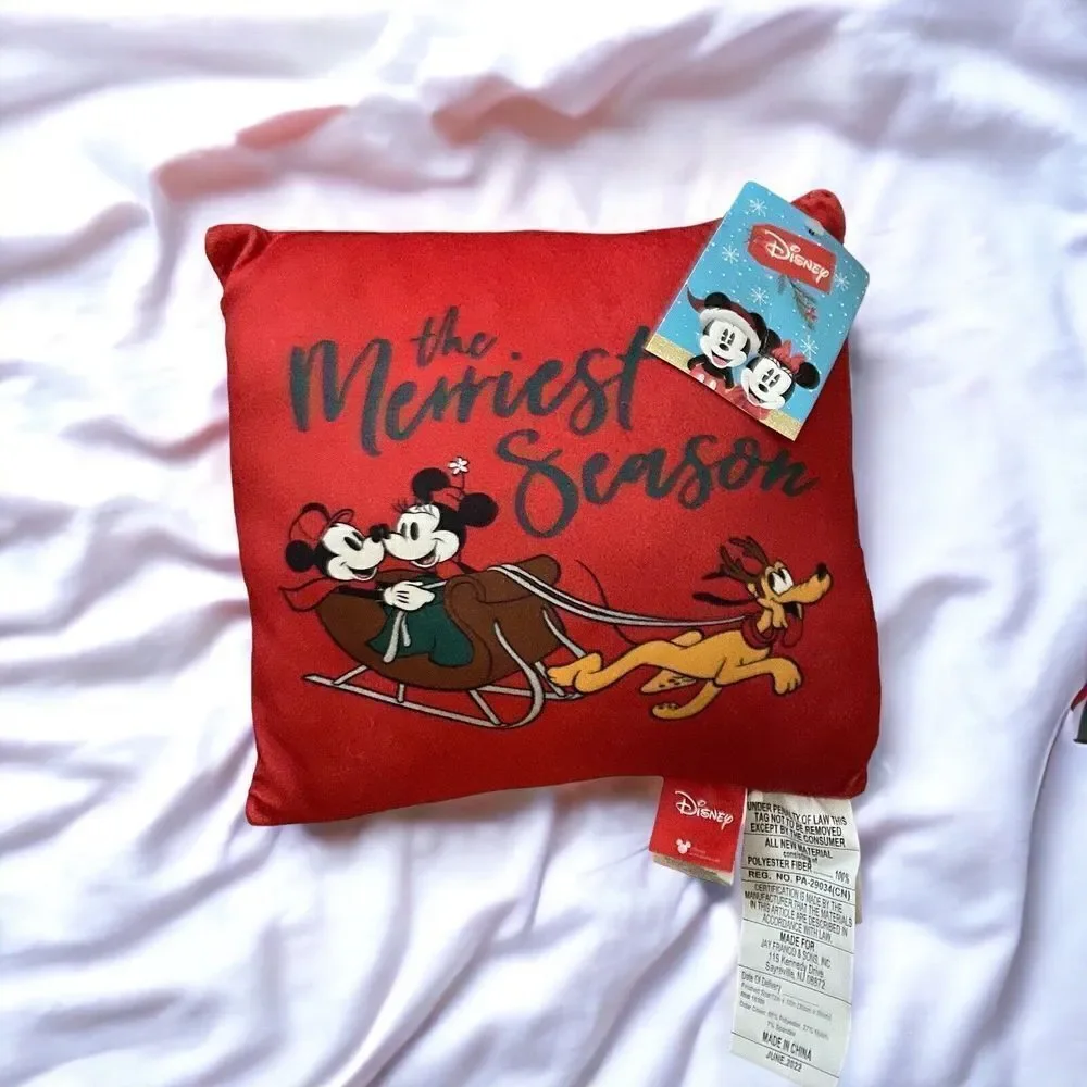 NEW Disney Mickey Minnie Mouse Pluto Red Merriest Season Throw 12 Pillow Square